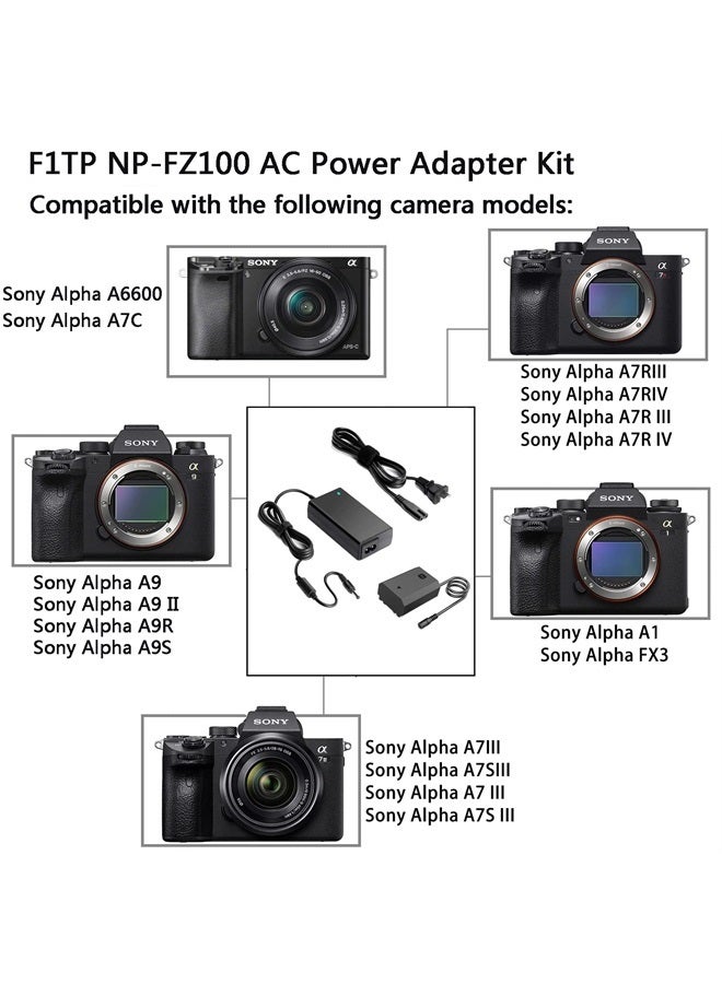 F1TP NP-FZ100 AC Power Adapter Dummy Battery Kit for Sony Alpha A6600, A7C, A7 III, A7S III, A7R III, A7R IV,A1, FX3, FX30, A9II, A9R, A9S Cameras - Image 2