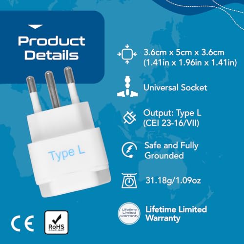 Ceptics Italy Power Adapter, Type L plug adapter, Universal Travel Adapter Chile, Italy travel adapter plug perfect for Rome, Lybia, Tunisia, Uruguay, GP-12A - White (3 Pack) - Image 4