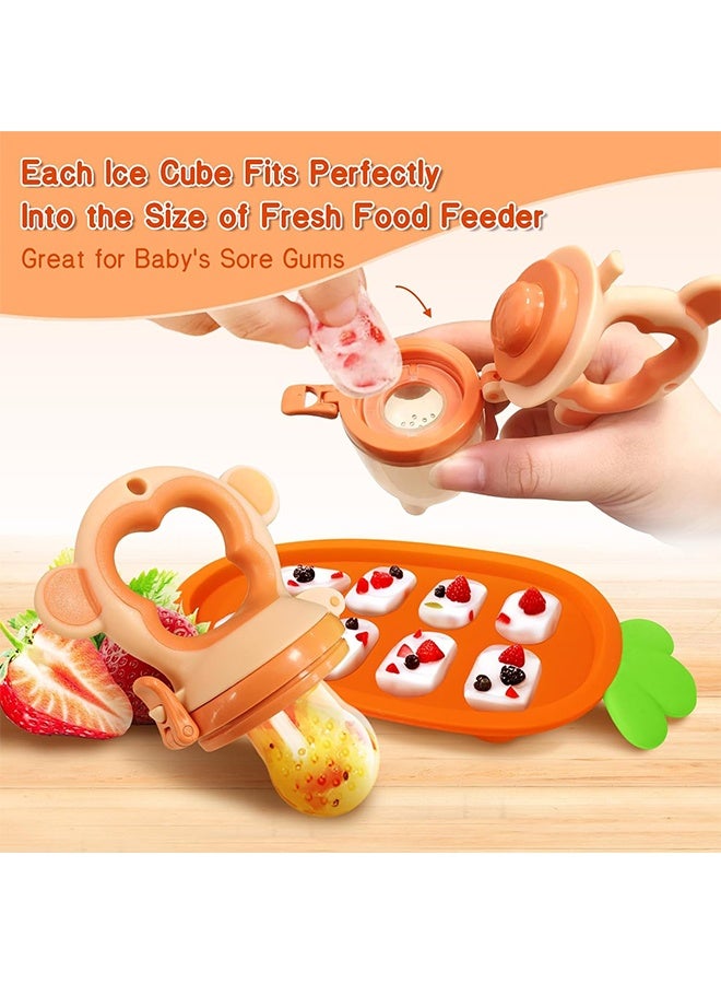 Baby Fruit Food Feeder - Silicone Nibble Tray Combo - Breastmilk Popsicle Mold for Cooling Relief, BPA Free Mesh Feeder for Infant Self Feeding (Monkey Blue Orange + Carrot) - Image 5