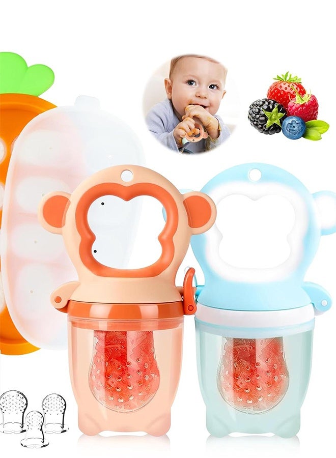 Baby Fruit Food Feeder - Silicone Nibble Tray Combo - Breastmilk Popsicle Mold for Cooling Relief, BPA Free Mesh Feeder for Infant Self Feeding (Monkey Blue Orange + Carrot) - Image 1