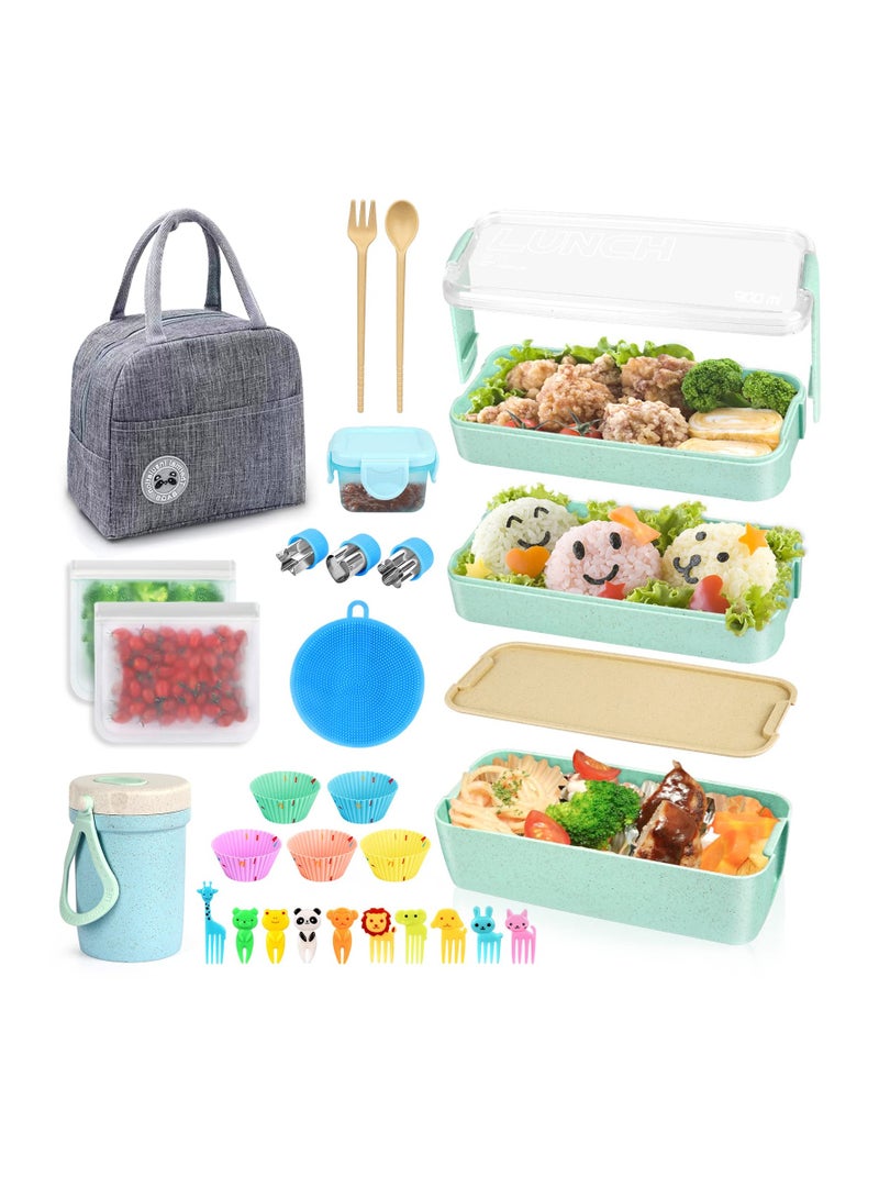Arabest 27 PCs Bento Box Set, Stackable 3-in-1 Compartment Bento Box Set, Includes Soup Cup, Sauce Jar, Spoon, Fork, Cake Cup, Fruit Holder, Snack Bag, Leak-proof Bento Box (Blue)  - Image 1