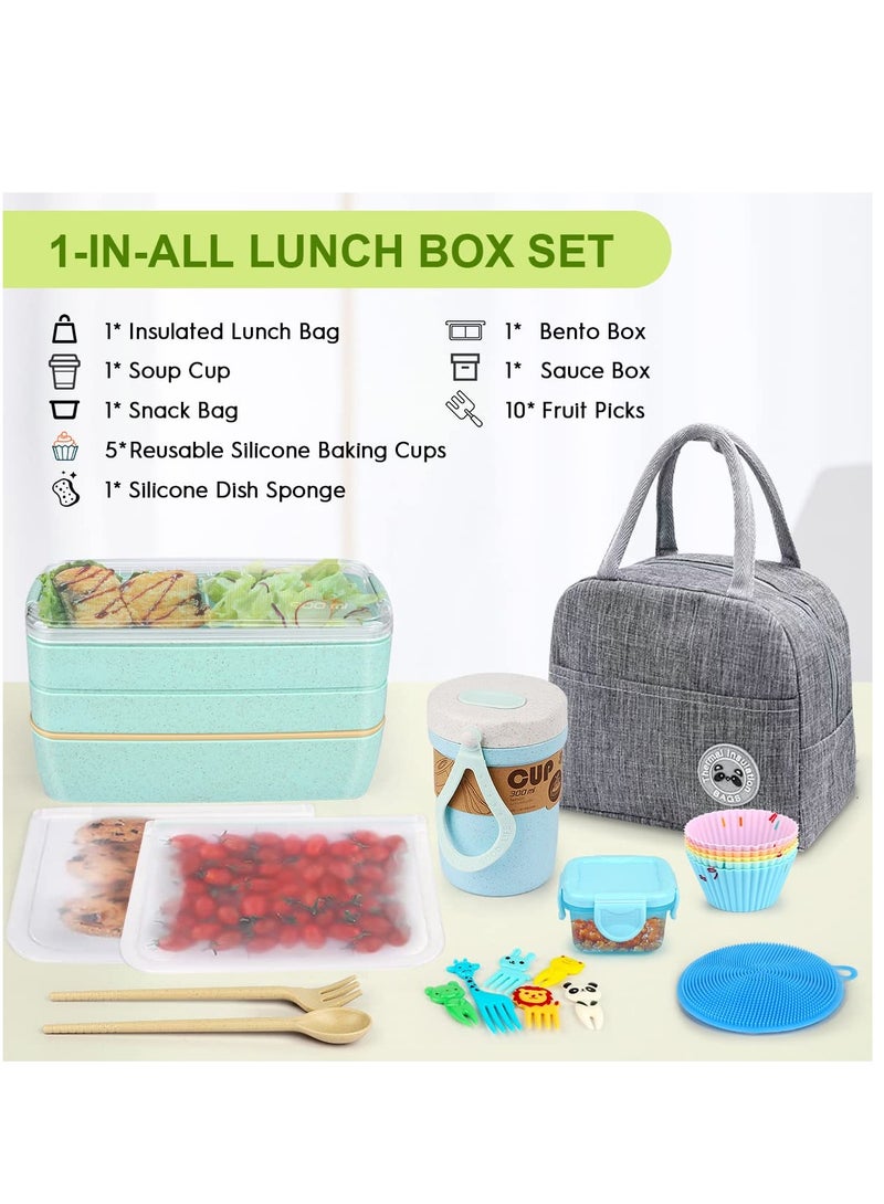 Arabest 27 PCs Bento Box Set, Stackable 3-in-1 Compartment Bento Box Set, Includes Soup Cup, Sauce Jar, Spoon, Fork, Cake Cup, Fruit Holder, Snack Bag, Leak-proof Bento Box (Blue)  - Image 2