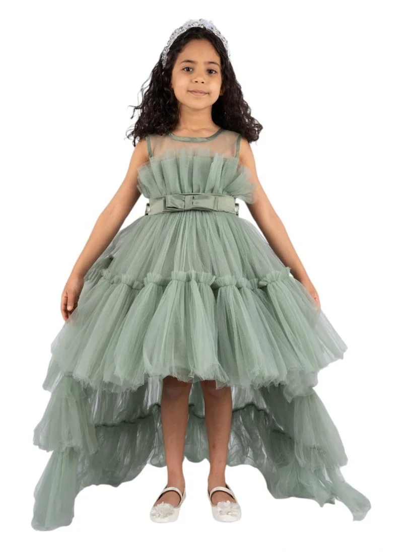 D'Daniela Toddler Girls Bow Front Ruffle Hem Mesh Gown Dress Olive with long tail- Tail detachable dress