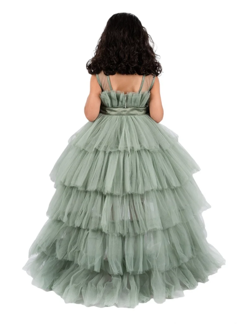 D'Daniela D'Daniela Toddler Girls Bow Front Ruffle Hem Mesh Gown Dress Olive with long tail- Tail detachable dress