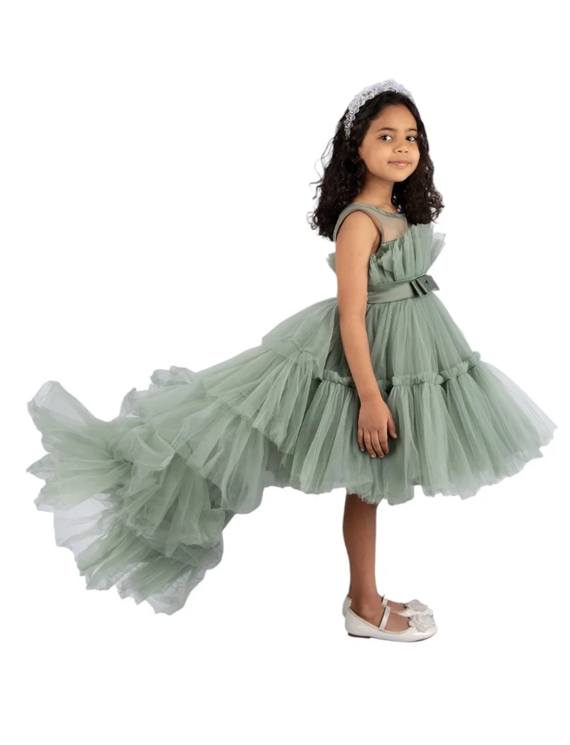D'Daniela D'Daniela Toddler Girls Bow Front Ruffle Hem Mesh Gown Dress Olive with long tail- Tail detachable dress