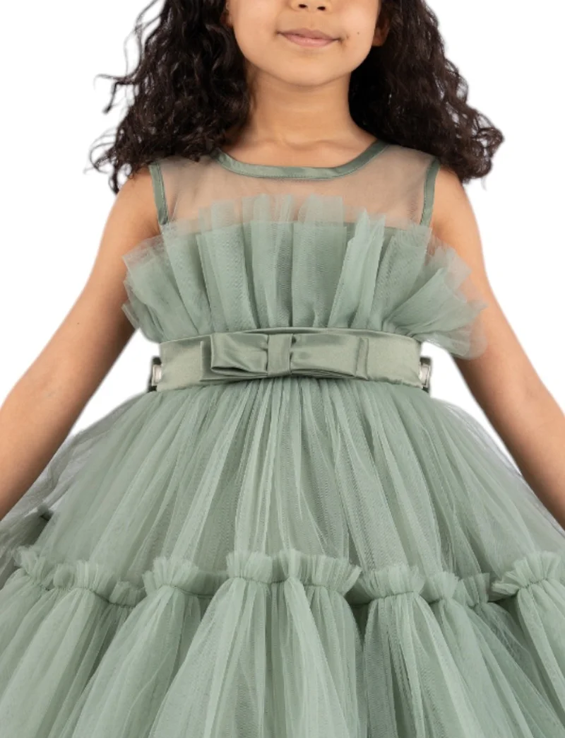 D'Daniela D'Daniela Toddler Girls Bow Front Ruffle Hem Mesh Gown Dress Olive with long tail- Tail detachable dress