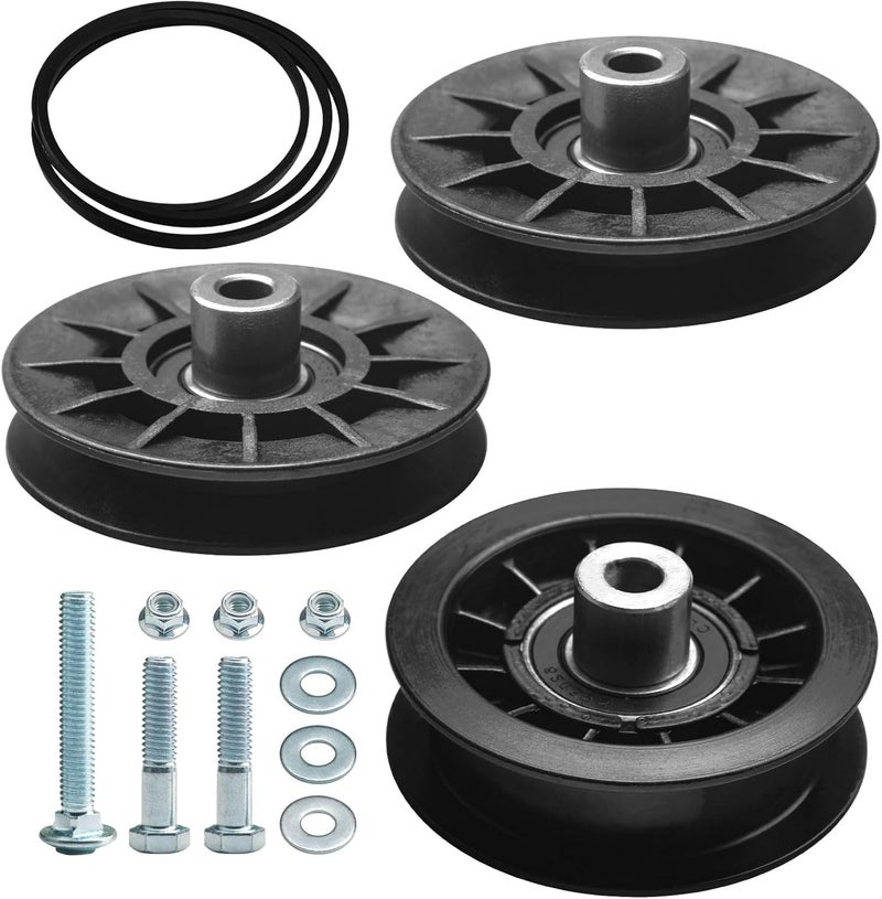 Karbay 2 Pack V-Groove Idler Pulley & Idler Pulley with Drive V-Belt for Husqvarna Riding Lawn Mowers - Image 1