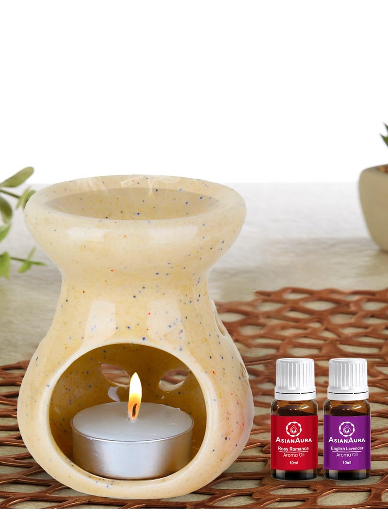ASIAN AURA Asian Aura Ceramic Aroma Oil Burner Tea Light Candle Diffuser Oil Warmer for Home Fragrance with 1 Tea Light Candle and 2 Aroma Oils English Lavender Rosy Romance Fragrance 10ml Each  - Image 1