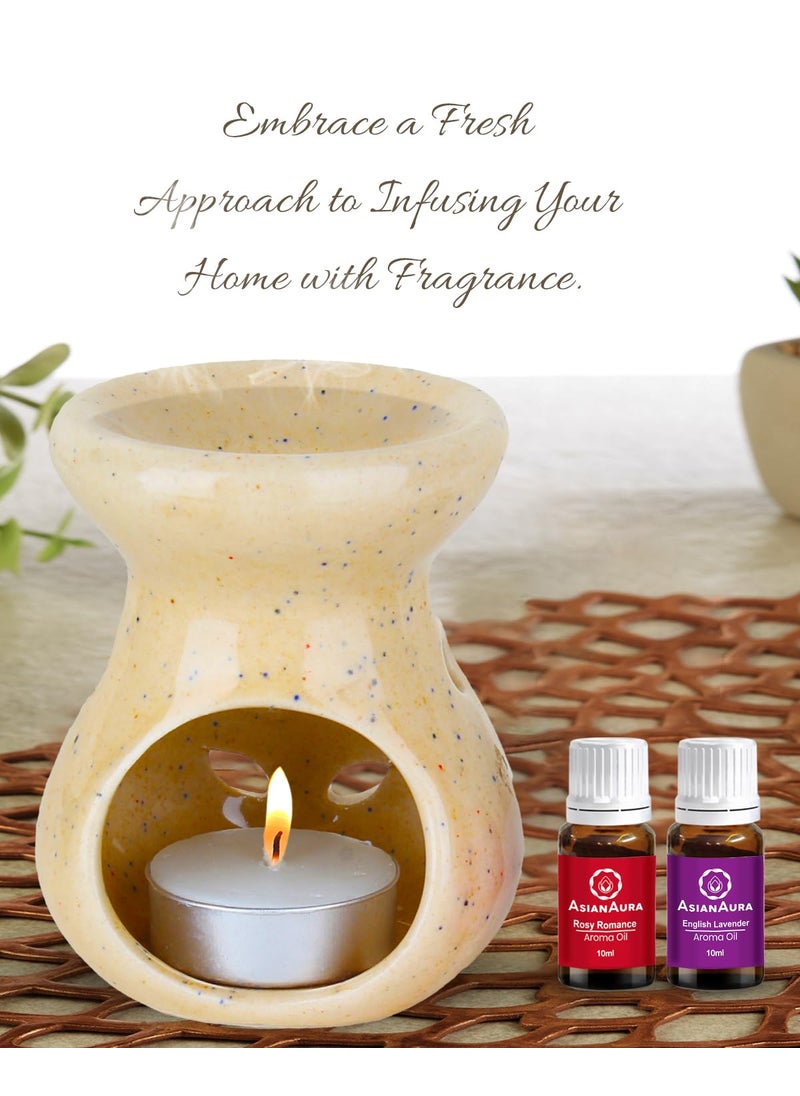 ASIAN AURA Asian Aura Ceramic Aroma Oil Burner Tea Light Candle Diffuser Oil Warmer for Home Fragrance with 1 Tea Light Candle and 2 Aroma Oils English Lavender Rosy Romance Fragrance 10ml Each  - Image 2