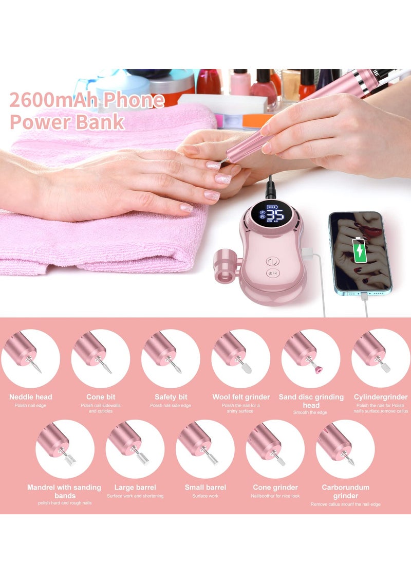 Rechargeable Nail Drill Electric Nail File,Professional 35000RPM Nail Drills for Acrylic Nails, Manicure Pedicure Polishing with 11Pcs Nail Drill Bits and Sanding Bands for Home and Salon Use - Image 2