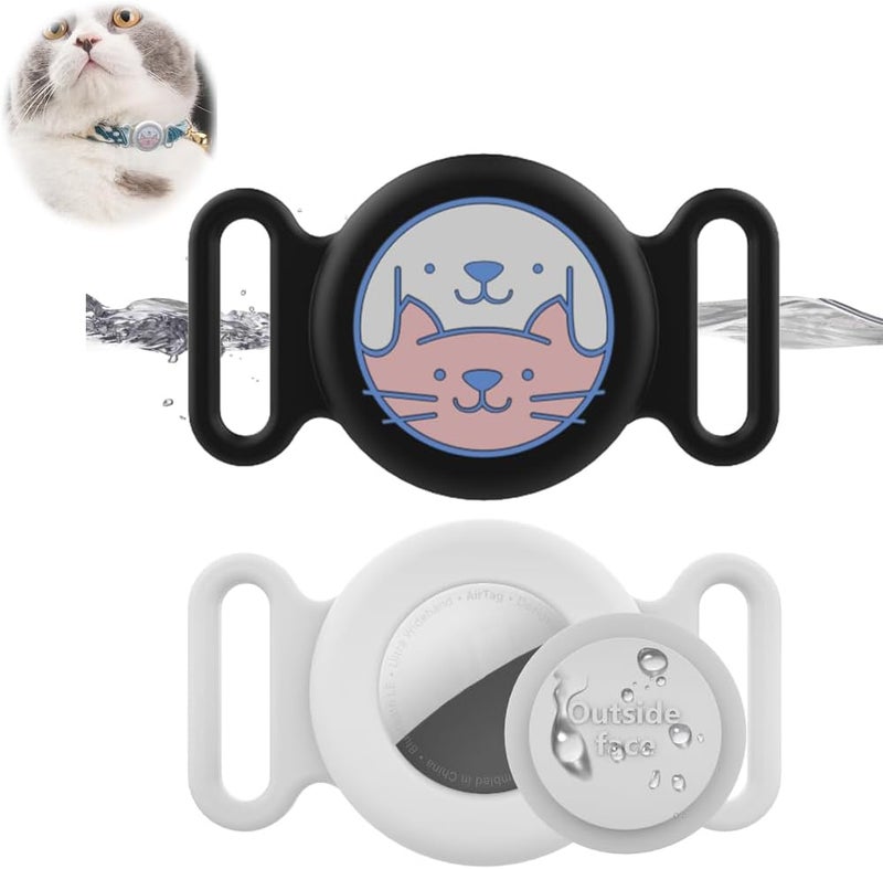 2 Pack Airtag Cat Dog Collar Holder, Pet Tracker Collar Compatible for Apple Air Tag(not included), Soft Silicone Protective Case, Scratch-Resistant (Black, White) - Image 1