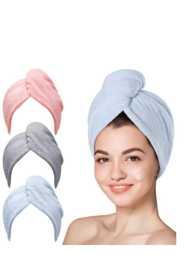 Baraka 3-Piece Set Microfiber Hair Drying Towel Set With Button, Super Absorbent, Quick-Drying, Suitable For Hair Washing, Beauty, Makeup, Applicable To All Hair Types - Pink/Blue/Gray. - Image 1