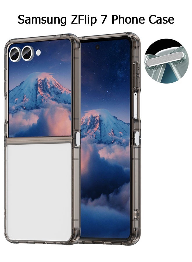 Wffo For Samsung Galaxy Z Flip 7 Case - Ultra-Thin Transparent Hard PC and Soft TPU Cover - with Shockproof Bumper and Anti-Scratch Back - Metal Connector Folding Convenient - Transparent Black
