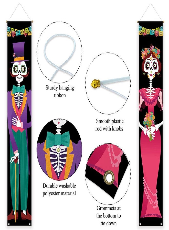 Allenjoy Day of The Dead Porch Sign Door Banner Halloween Costume Mexico Dia De Los Muertos Baby Shower Birthday Party Supplies Decorations Flag Welcome Hanging Home Wall Decor 11.8x70.9 Inch 2PCS - Image 4