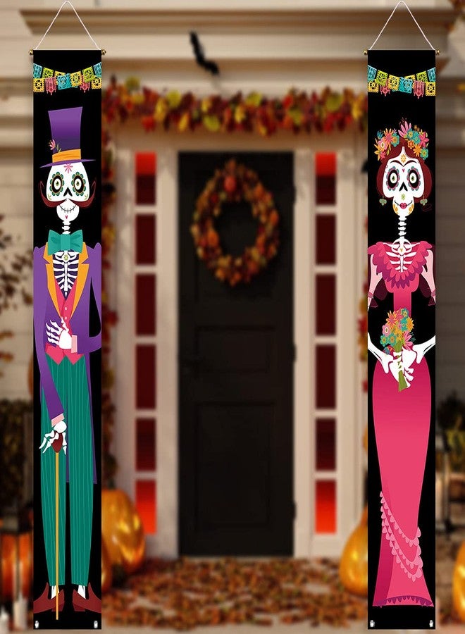 Allenjoy Day of The Dead Porch Sign Door Banner Halloween Costume Mexico Dia De Los Muertos Baby Shower Birthday Party Supplies Decorations Flag Welcome Hanging Home Wall Decor 11.8x70.9 Inch 2PCS - Image 1