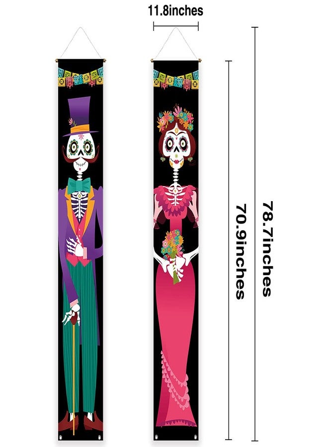 Allenjoy Day of The Dead Porch Sign Door Banner Halloween Costume Mexico Dia De Los Muertos Baby Shower Birthday Party Supplies Decorations Flag Welcome Hanging Home Wall Decor 11.8x70.9 Inch 2PCS - Image 3