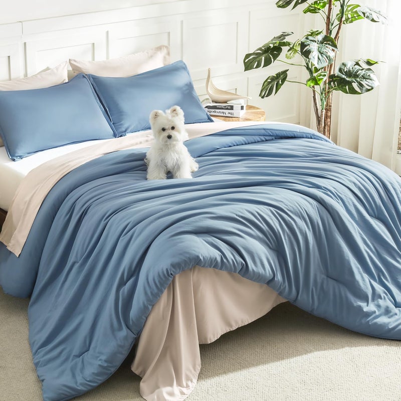 Litanika Comforters Queen Size Set Grayish Blue, 3 Pieces Lightweight Solid Bedding Comforter Set, All Season Fluffy Bed Set (90x90In Comforter & 2 Pillowcases) - Image 1