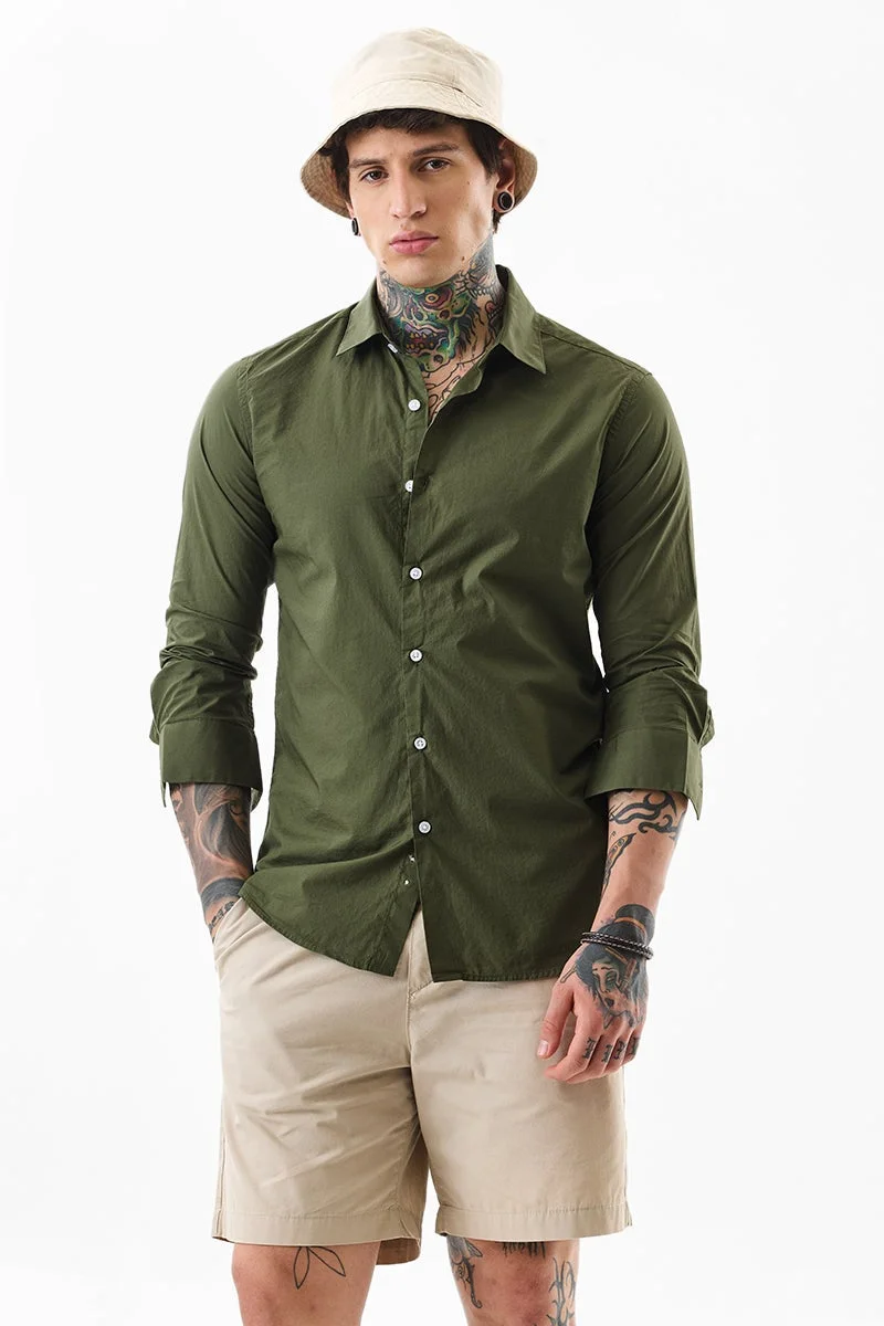 سنيتش Olive Solid Long Sleeve Slim Fit Core Lab Shirt