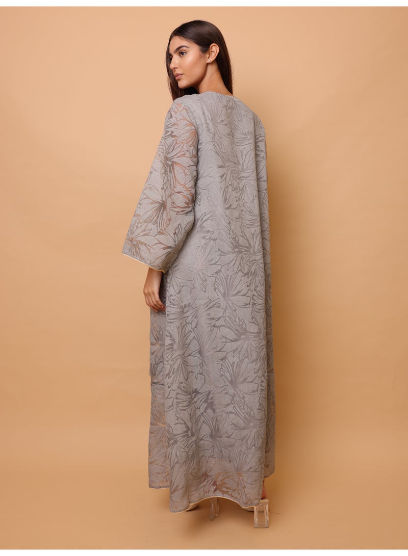 IKKXA Elegant Sequin Floral Applique Jalabiya IK1057 Grey - Image 4