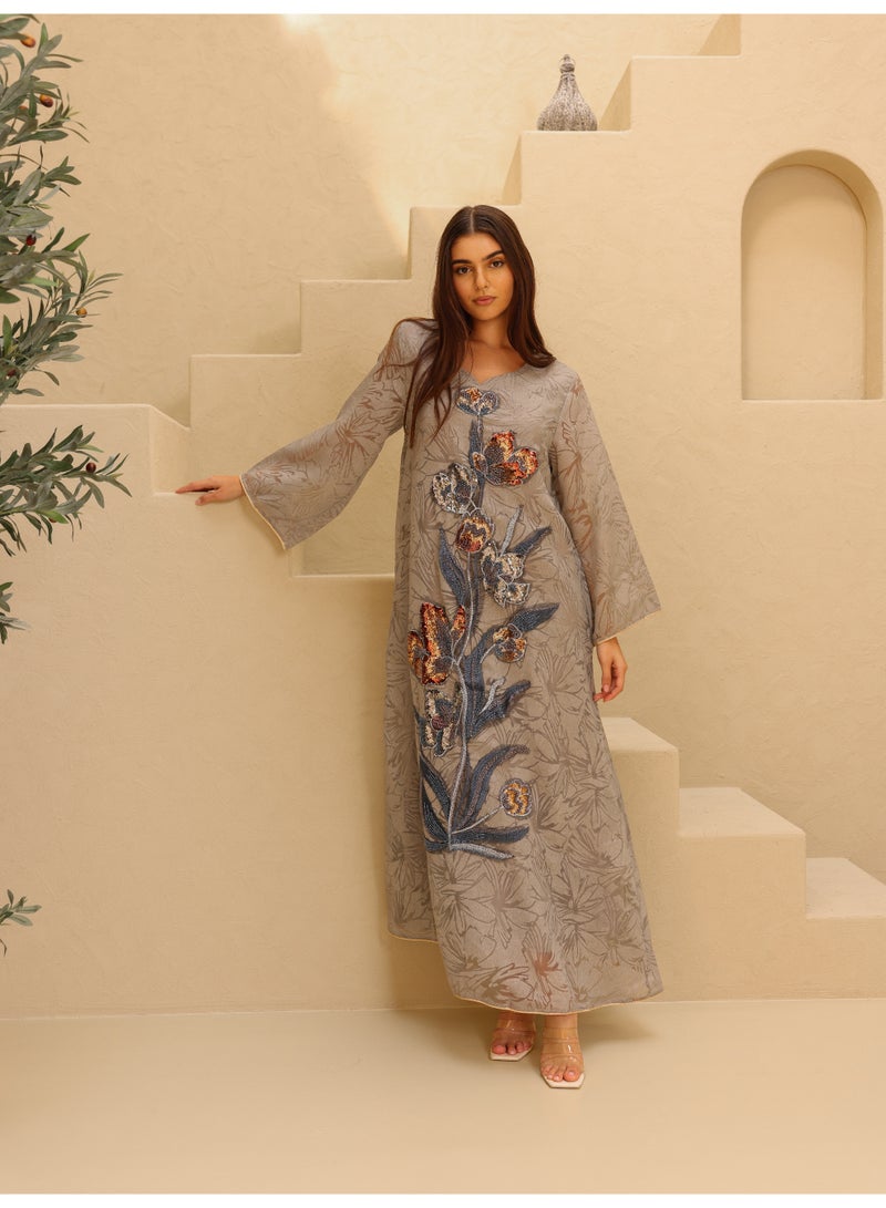 IKKXA Elegant Sequin Floral Applique Jalabiya IK1057 Grey - Image 1