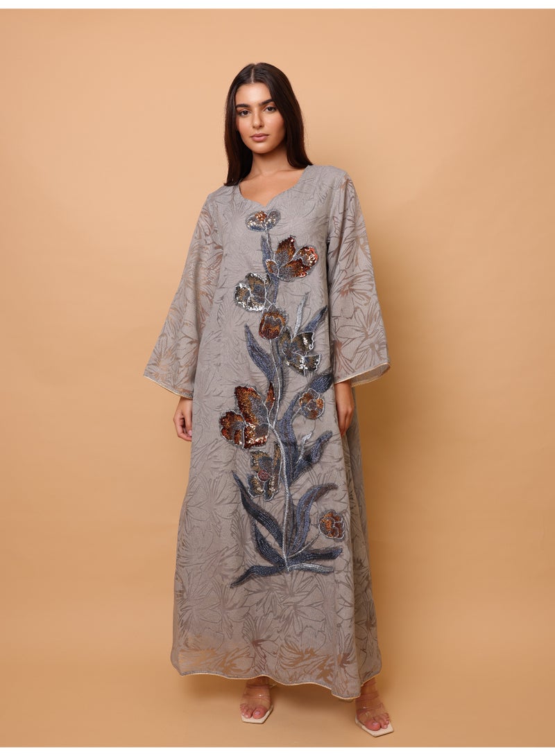 IKKXA Elegant Sequin Floral Applique Jalabiya IK1057 Grey - Image 5