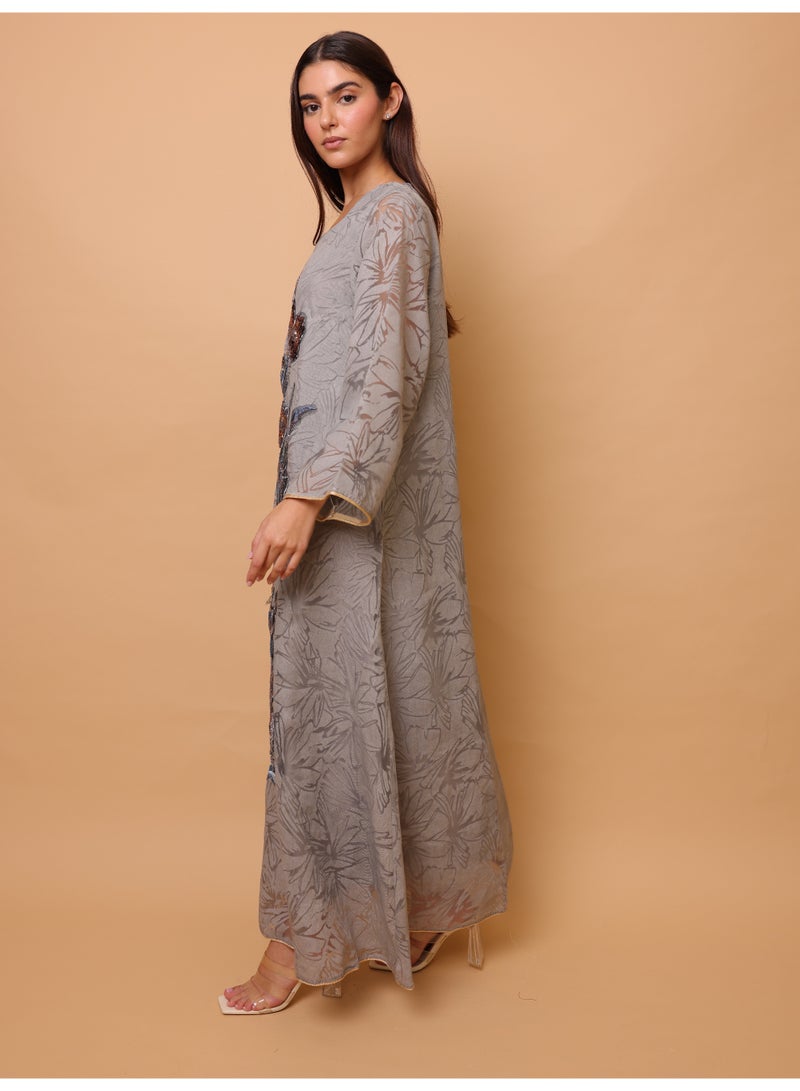 IKKXA Elegant Sequin Floral Applique Jalabiya IK1057 Grey - Image 3