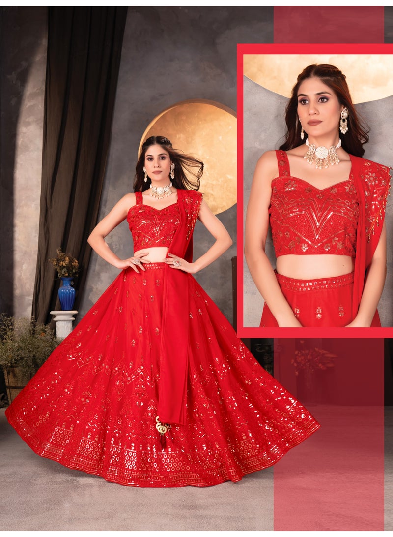 Super Asian Radiant Red Faux Georgette Lehenga Set with Sequin Embroidery | Heavy Can-Can Flair & Designer Dupatta  - Image 1
