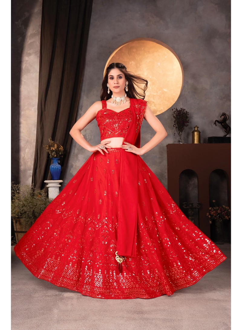 Super Asian Radiant Red Faux Georgette Lehenga Set with Sequin Embroidery | Heavy Can-Can Flair & Designer Dupatta  - Image 5