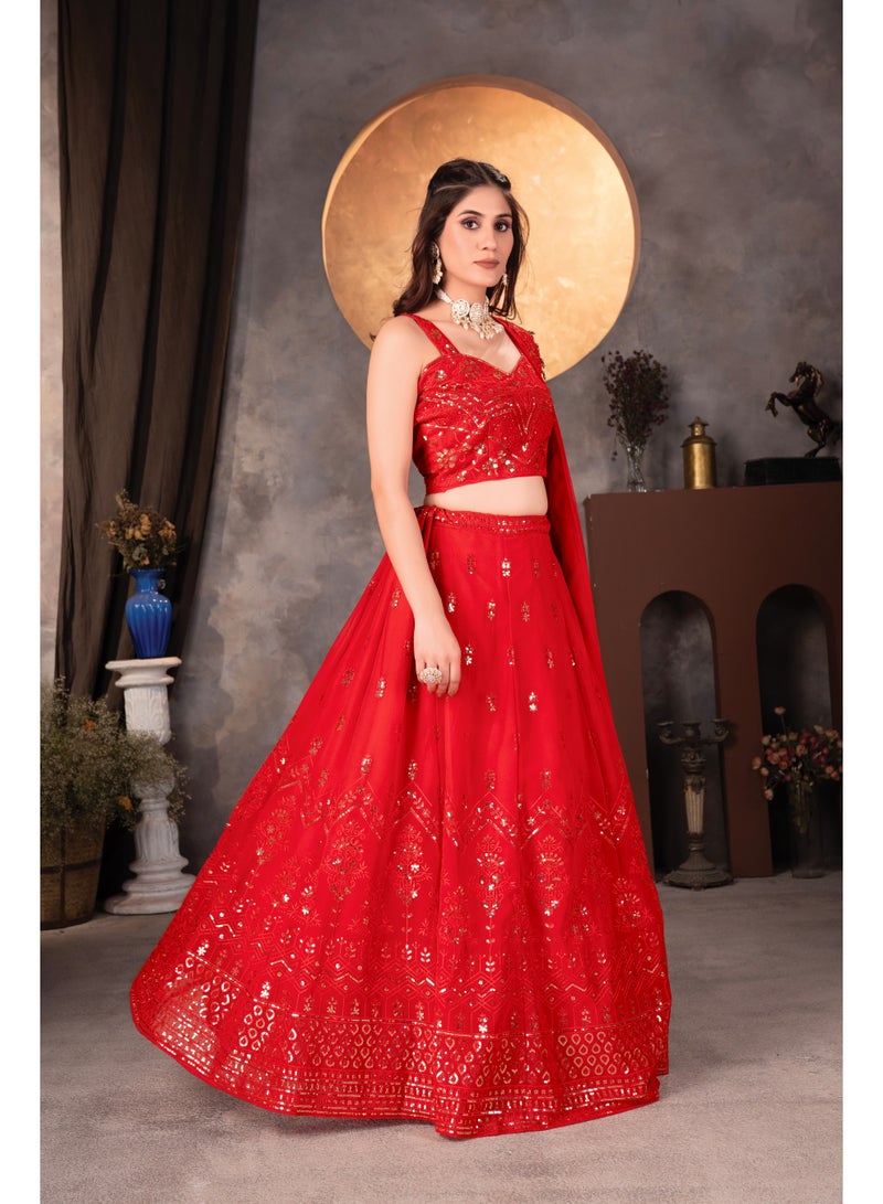Super Asian Radiant Red Faux Georgette Lehenga Set with Sequin Embroidery | Heavy Can-Can Flair & Designer Dupatta  - Image 3