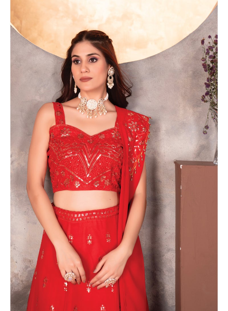Super Asian Radiant Red Faux Georgette Lehenga Set with Sequin Embroidery | Heavy Can-Can Flair & Designer Dupatta  - Image 4