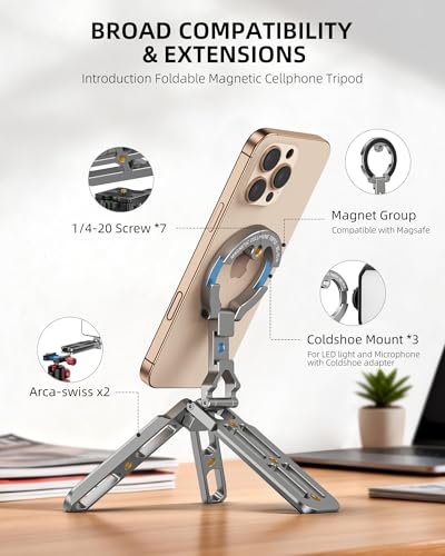 CAMOLO GEEK Magnetic Aluminum Phone Tripod Holder Mount Stand Handle with 14 Srcew Cold Shoe ArcaSwissMini Pocket Foldable Cell Phone StandCompatible with MagSafe for iPhone Fits GymVlogTravelDesk - Image 3