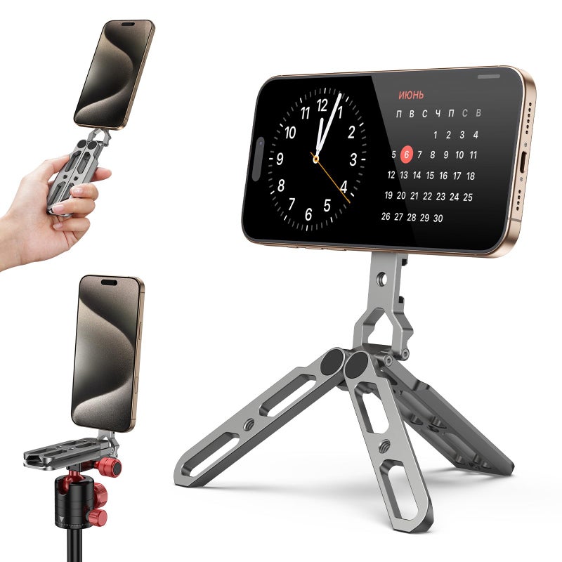 CAMOLO GEEK Magnetic Aluminum Phone Tripod Holder Mount Stand Handle with 14 Srcew Cold Shoe ArcaSwissMini Pocket Foldable Cell Phone StandCompatible with MagSafe for iPhone Fits GymVlogTravelDesk - Image 2