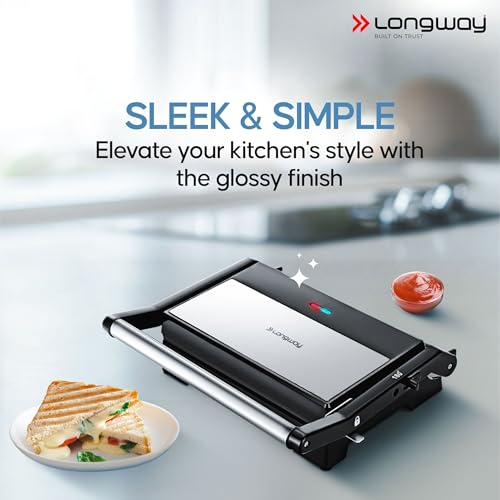 Longway Crisp Master 1000 W Electric Panini Sandwich Maker, Grill & Toaster | Non-stick Coating Cast Aluminum Plates | Adjustable Height Control & Floating Hinges (Metallic Silver) - Image 5
