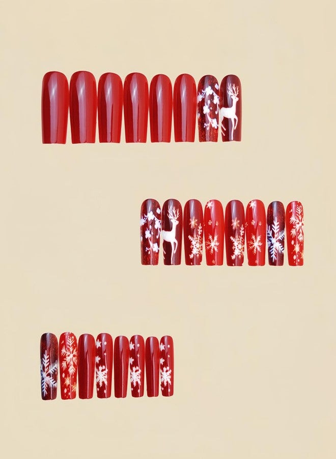 HJKDSFD Christmas Press on Nails with Snowflake Deer Pattern Designs Fake Nails Medium Length Coffin Acrylic Nails Red Glue on Nail Glossy Full Cover False Nails Xmas Reusable for Women 24Pcs - Image 4