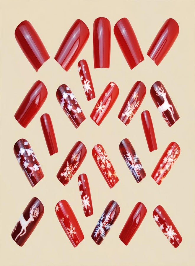 HJKDSFD Christmas Press on Nails with Snowflake Deer Pattern Designs Fake Nails Medium Length Coffin Acrylic Nails Red Glue on Nail Glossy Full Cover False Nails Xmas Reusable for Women 24Pcs - Image 2