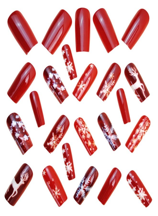 HJKDSFD Christmas Press on Nails with Snowflake Deer Pattern Designs Fake Nails Medium Length Coffin Acrylic Nails Red Glue on Nail Glossy Full Cover False Nails Xmas Reusable for Women 24Pcs - Image 5
