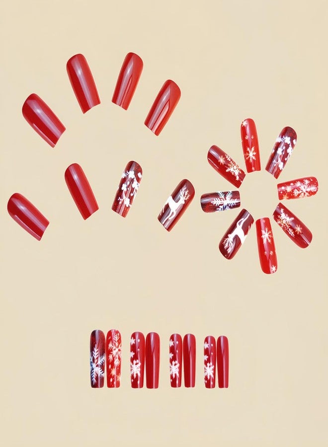 HJKDSFD Christmas Press on Nails with Snowflake Deer Pattern Designs Fake Nails Medium Length Coffin Acrylic Nails Red Glue on Nail Glossy Full Cover False Nails Xmas Reusable for Women 24Pcs - Image 3