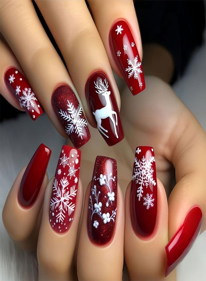 HJKDSFD Christmas Press on Nails with Snowflake Deer Pattern Designs Fake Nails Medium Length Coffin Acrylic Nails Red Glue on Nail Glossy Full Cover False Nails Xmas Reusable for Women 24Pcs - Image 1