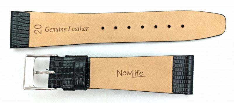 NEWLIFE 20mm Black Genuine Leather Watchband | Tail Lizard Grain, Flat Replacement Wrist Watchstrap that brings New Life to Any Watch (Mens Standard Length) - Image 2