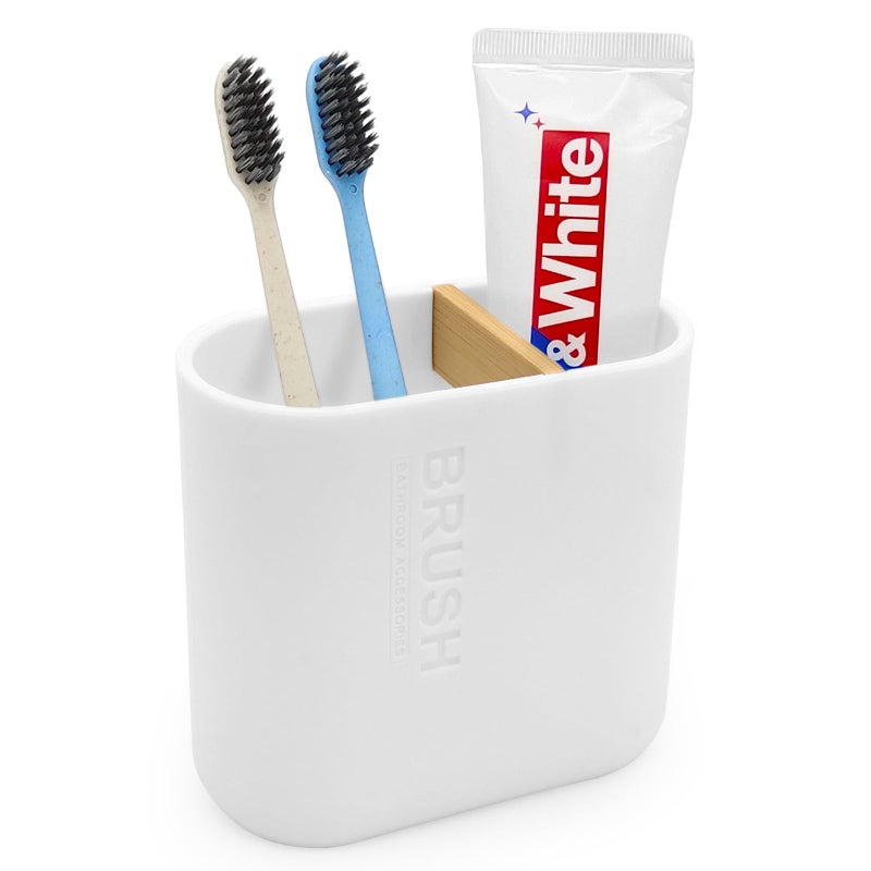 Cerpourt Toothbrush Holder with Bamboo Divider,Detachable for Easy Cleaning Multi-Functional Storage,2 Slots Electric Toothbrush and Toothpaste Organizer Caddy for Bathroom Vanity,Sink,Countertop (White) - Image 1