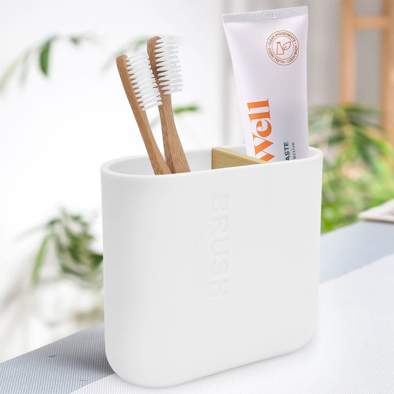 Cerpourt Toothbrush Holder with Bamboo Divider,Detachable for Easy Cleaning Multi-Functional Storage,2 Slots Electric Toothbrush and Toothpaste Organizer Caddy for Bathroom Vanity,Sink,Countertop (White) - Image 2
