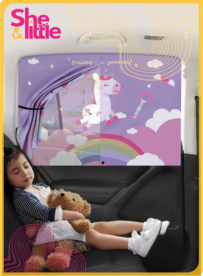 شي آند ليتل مظلة شمسية مغناطيسية لنافذة السيارة بتصميم وحيد القرن - ستارة مزدوجة الطبقات قابلة للتعديل للأطفال والرضع، حماية من الأشعة فوق البنفسجية، عازلة للحرارة، مقاومة للبعوض، تناسب معظم المركبات ذات الإطارات المعدنية (أرجواني) - Image 1