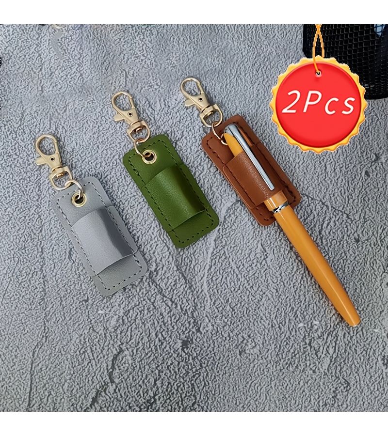 Brown PU Leather Pen Case 2pcs With Keychain Portable Pencil Pouch Fountain Pen Protector - Image 1
