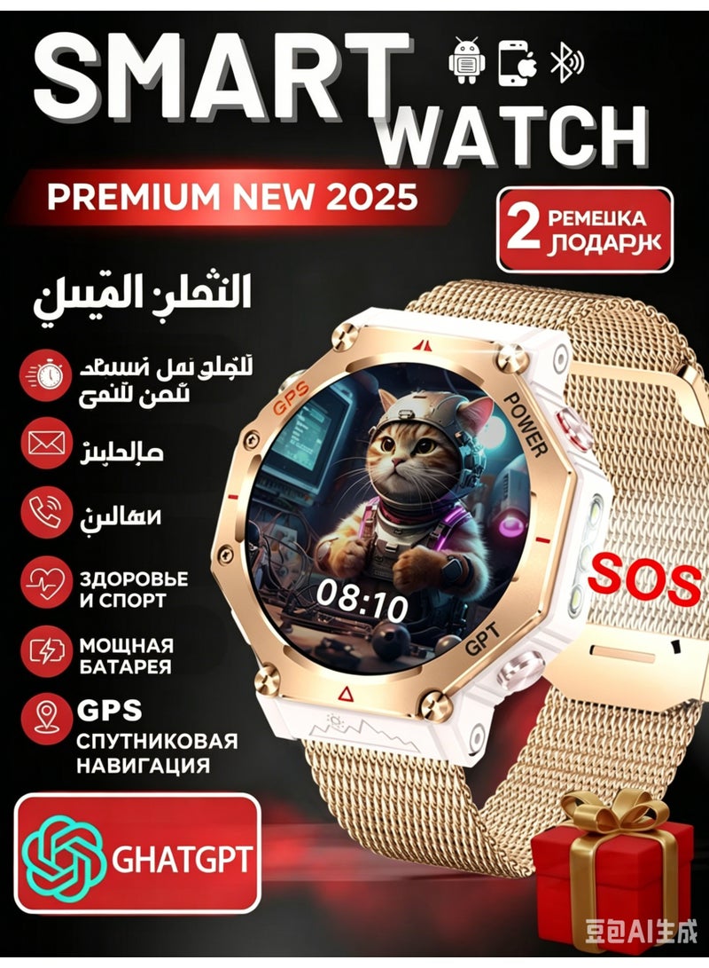 ساعة ذكية عسكرية، شاشة HD 1.39 بوصة، GPS، مكالمات بلوتوث، 107 أوضاع رياضية، مقاومة للماء 3ATM، متوافقة مع iOS/Android - Image 1