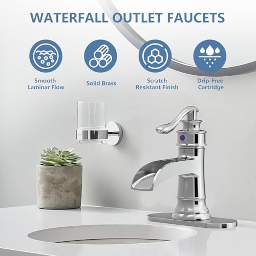 Homevacious Bathroom Faucet Waterfall Sink Faucets Bath Chrome Single Handle Farmhouse Sink Vanity 1 Hole or 3 Hole Basin Mixer Tap Lavatory Faucet with Deck Plate - Polished Chrome - Image 2
