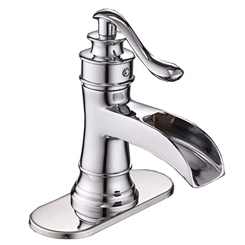Homevacious Bathroom Faucet Waterfall Sink Faucets Bath Chrome Single Handle Farmhouse Sink Vanity 1 Hole or 3 Hole Basin Mixer Tap Lavatory Faucet with Deck Plate - Polished Chrome - Image 1