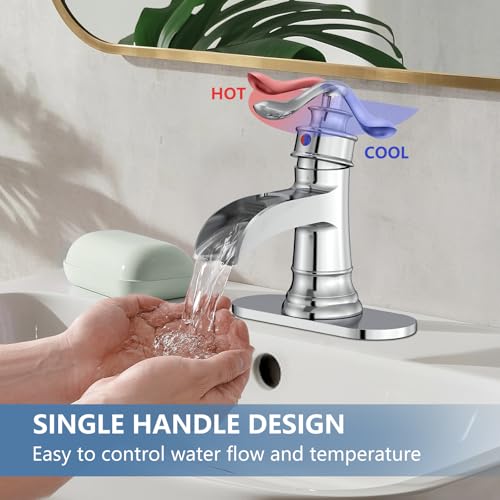 Homevacious Bathroom Faucet Waterfall Sink Faucets Bath Chrome Single Handle Farmhouse Sink Vanity 1 Hole or 3 Hole Basin Mixer Tap Lavatory Faucet with Deck Plate - Polished Chrome - Image 3