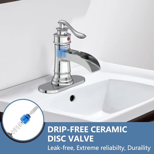Homevacious Bathroom Faucet Waterfall Sink Faucets Bath Chrome Single Handle Farmhouse Sink Vanity 1 Hole or 3 Hole Basin Mixer Tap Lavatory Faucet with Deck Plate - Polished Chrome - Image 4