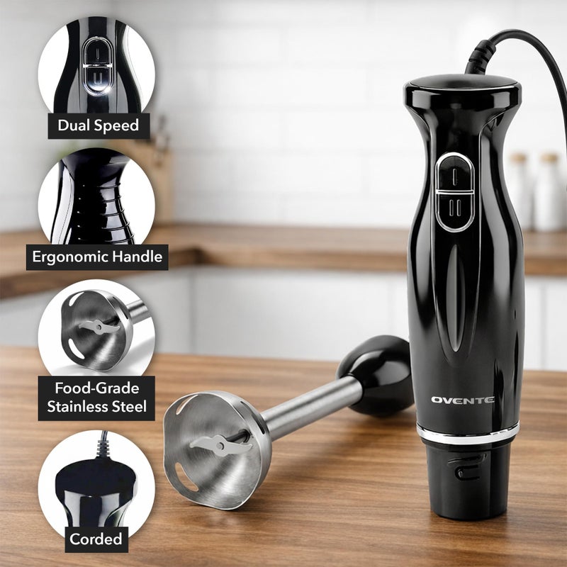 OVENTE Immersion Hand Blender, 300W Corded Electric Handheld Stick Mixer with 2 Mixing Speeds and Stainless Steel Blades for Smoothies, Purees & Baby Food, Black HS560B - Image 2