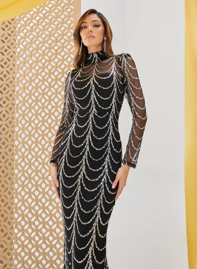 Styli Styli Sequined Long Sleeves Bodycon Maxi Dress